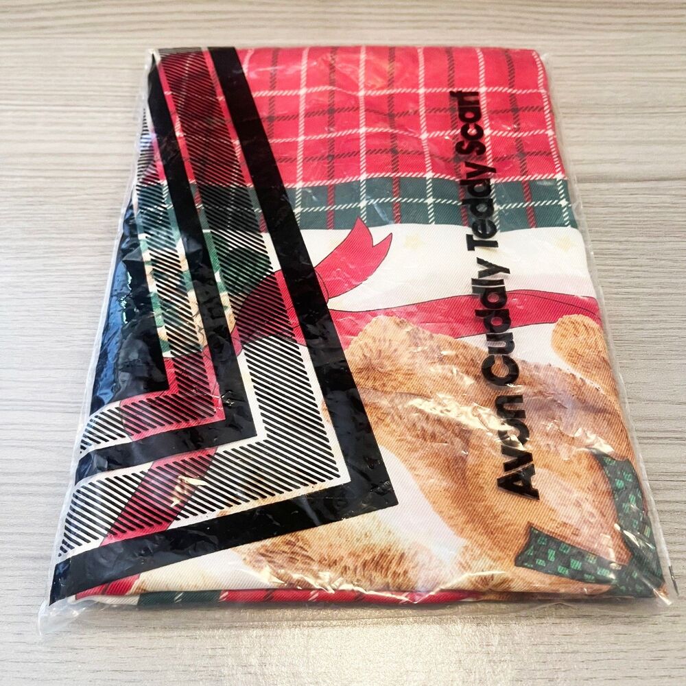 Vintage Teddy Bear Christmas Holiday Scarf Square Plaid Red Green 34" x 34" NIP